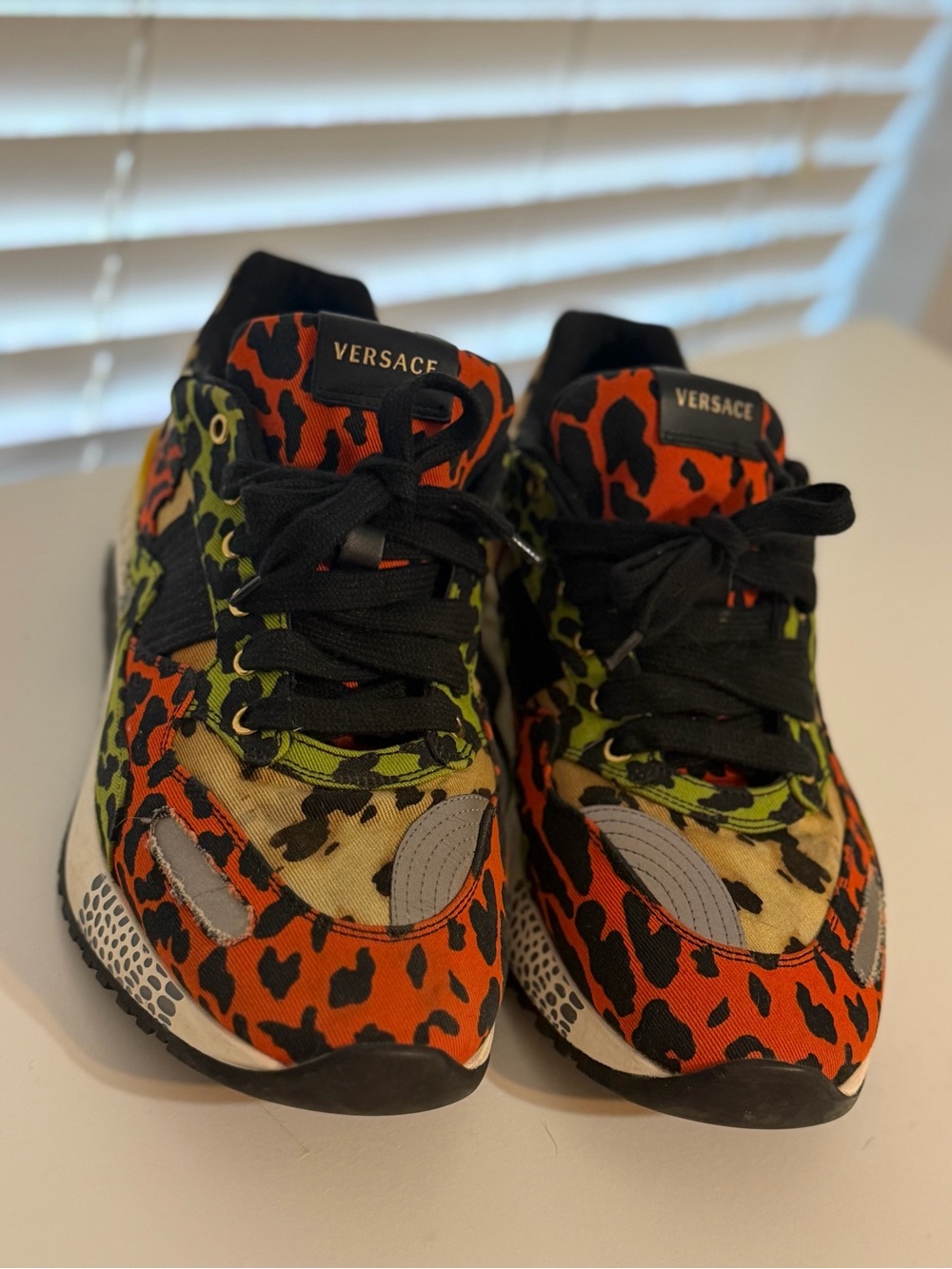 Versace Men Orange, Green & Black Leopard-Print Sneakers